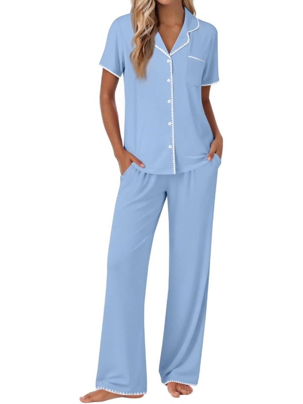 Women Light Blue Short Sleeve Sleepwear Button Up Shirt Pajamas Set 2 Piece